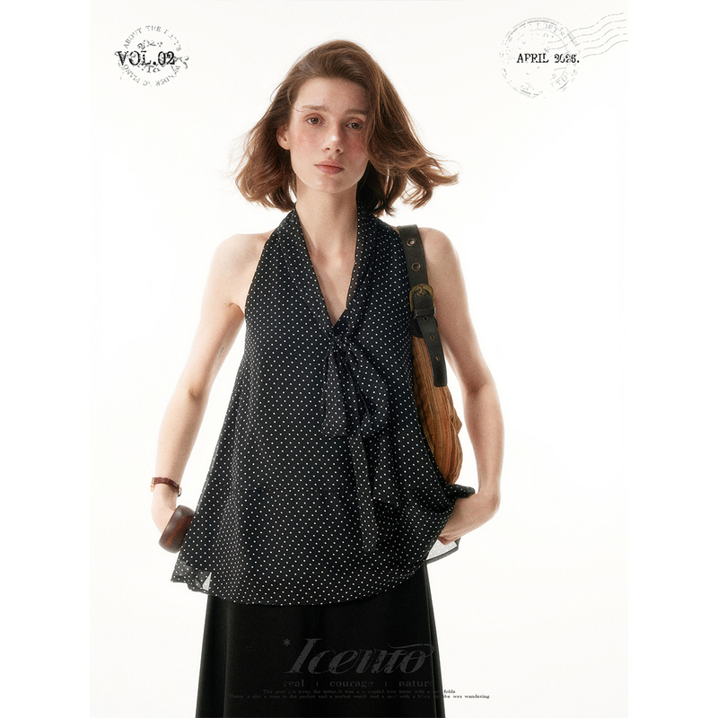 Iceiito*Smoke*Retro Romantic Black Polka Dot Summer Loose Lace-Up Sleeveless Shirt Vest
