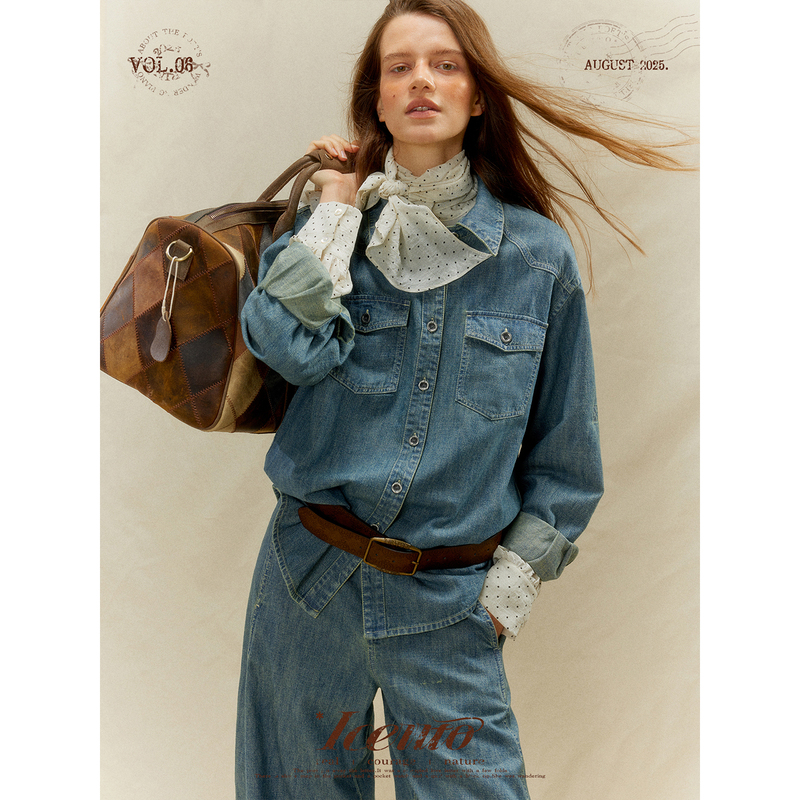 Iceiito*Sonnet*Retro Denim Soft and Lightweight Classic Lapel Washed Distressed Denim Shirt