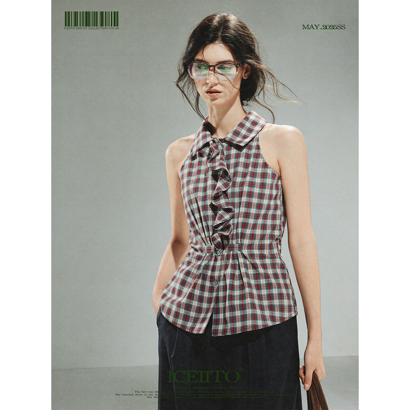 Iceiito* Heidi* Retro Red Lace Collar Plaid Sleeveless Shirt Halter Neck Shirt