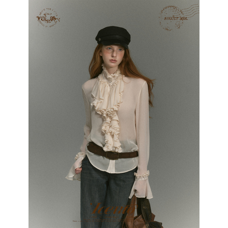 Iceiito*Fendela* White Rayon Heavy Lace Vintage Loose Palace-Style Bell-Sleeve Shirt