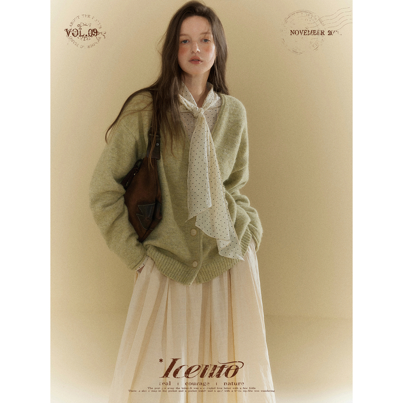 Iceiito* Ligustrum* French Gentle Retro Oil Painting Green Soft Loose Cardigan Sweater Coat