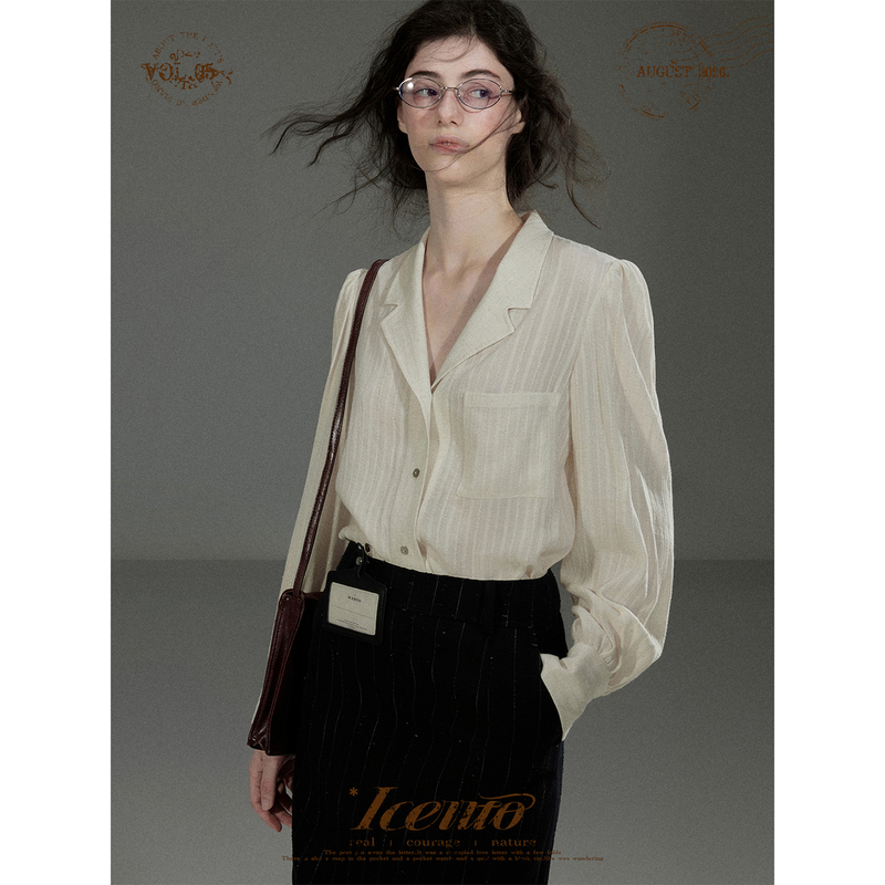 【Wang Churan's Style】Iceiito* Wheat Ears* White Vertical Striped Linen-Cotton Blend Cuban Collar Long-Sleeve Shirt