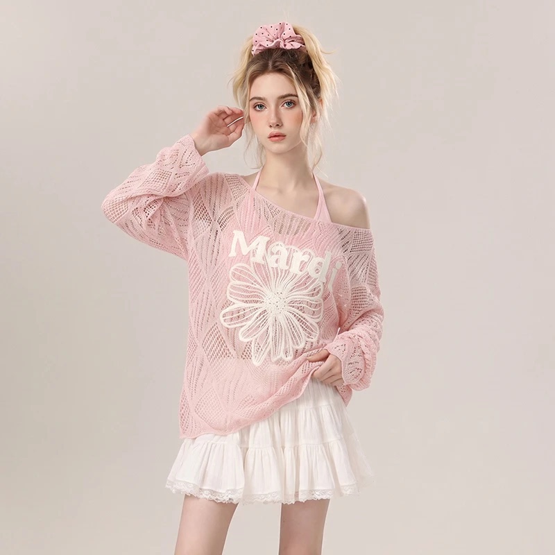 Mardi Korean Classic Daisy Lazy Style Hollow Knit Cover-Up 26 Spring/Summer New Sun Protection Long-Sleeve Top