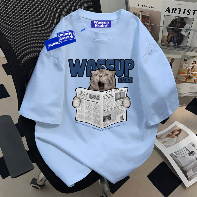 Wassup Hsube Sky Blue Fun Cartoon Short-Sleeved T-Shirt Summer Couple Versatile Loose Youth Half-Sleeve T-Shirt Wassup Hsube Sky Blue Fun Cartoon Short-Sleeved T-Shirt Summer Couple Versatile Loose Youth Half-Sleeve T-Shirt