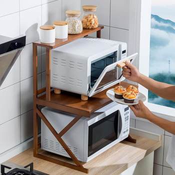 Kitchen storage rack double-layer household countertop desktop storage supplies rice cooker oven microwave rack bamboo solid wood