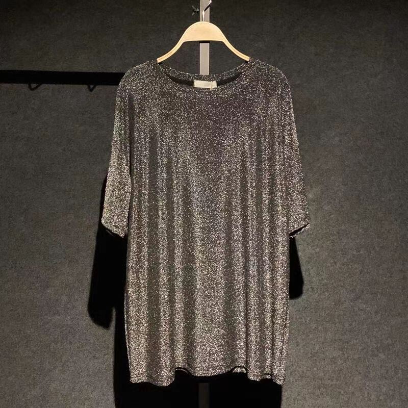 Plus Size 150kg Summer New Shiny Ice Silk Smooth Women's Loose and Drapey Short-Sleeved T-Shirt