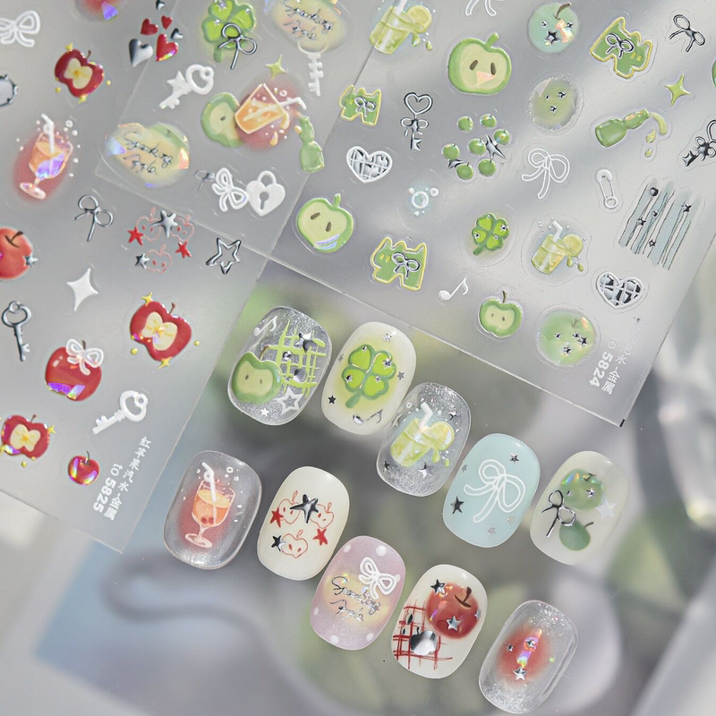 Green Apple Soda Four-Leaf Clover Heart Bow 5D Nail Stickers Tomoni Internet-Famous Fruit Nail Decorations Stickers