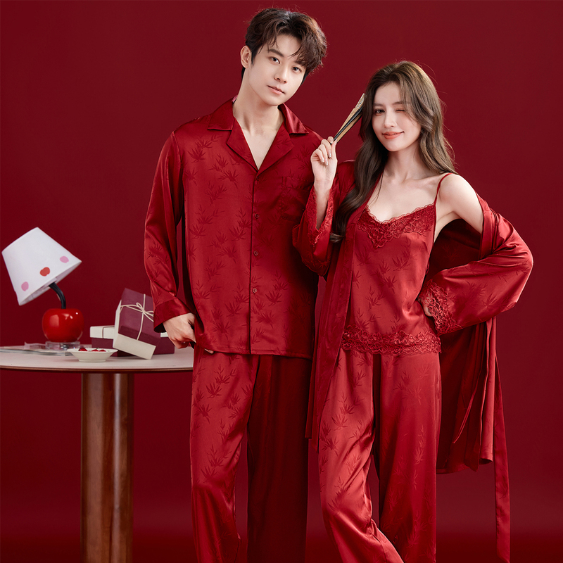 Red Wedding Pajamas for Newlyweds, Three-Piece Ice Silk Dressing Gown Set for the Groom and Bride, 2026 New Wedding Style Red Wedding Pajamas for Newlyweds, Three-Piece Ice Silk Dressing Gown Set for the Groom and Bride, 2026 New Wedding Style