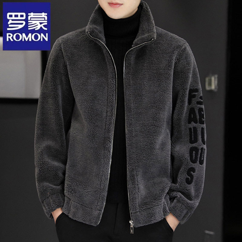 Romon Lamb Wool Jacket Winter Thickened Warm Jacket Men's Fleece Embroidered Cardigan Men's Top
