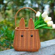 Little rabbit hand-woven hand basket tabletop ornaments storage basket fashion creative flower basket flower arrangement basket single handle