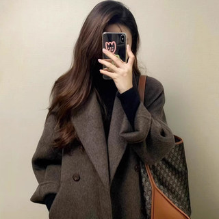 Brown Cashmere Coat, Mid-Length, High-End Feel, 2025 Autumn and Winter New Style, Korean Version, Loose Fit, Elegant Double-Sided Woolen Coat for Women