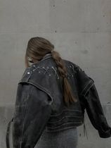 Women Vintage Patchwork Leather Jacket Chic Solid Lapel Coll