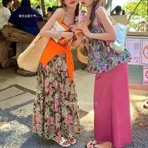 the lemon lemon green tea Korean chic simple temperament elastic waist purple skirt 6595