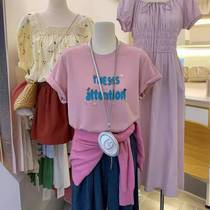 SUSAN Xia Shang New Womens Korean Letter Print Top Loose Three-dimensional Button Heavy Industry Short Sleeve T-Shirt for Women