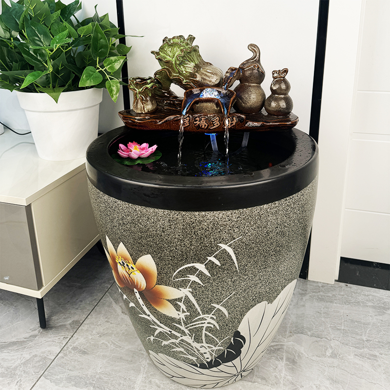 Ceramic Traditional Fish Tank with Elevated Feng Shui Water Wheel Ornament for Attracting Wealth, Suitable for Entryway, Courtyard, Water Tank, Water Lily Floor-Standing Basin