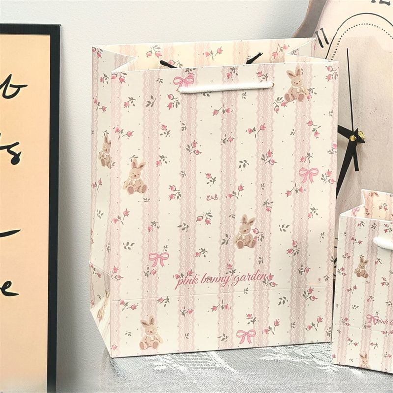 Large Gift Tote Bag, Thickened Original Floral Bunny Gift Bag, Storage Bag, Hard Cardboard, High-Value Handbag