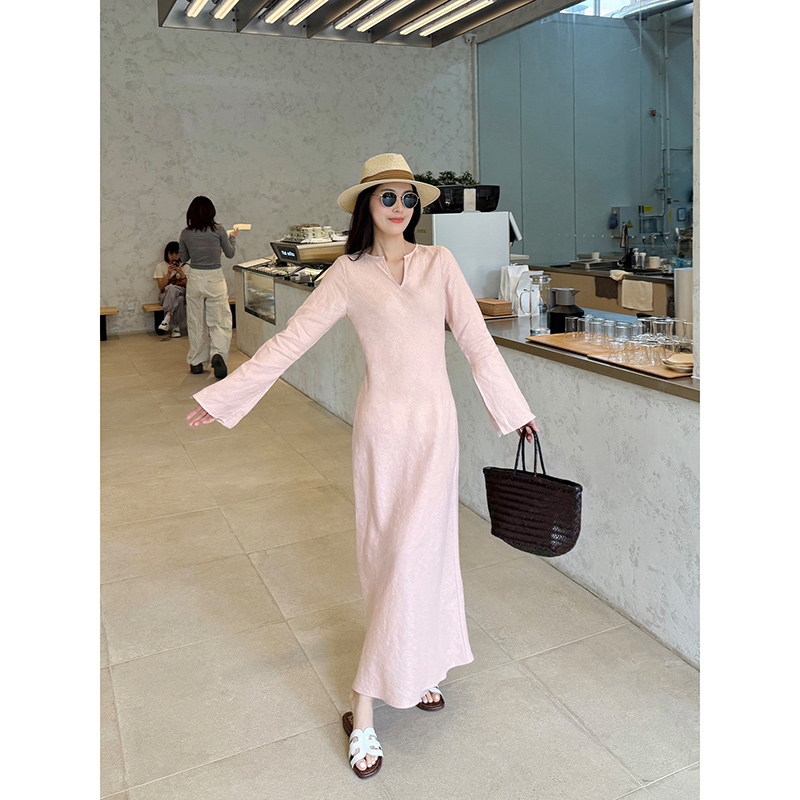 2026 Spring New Holiday Date All-Linen Flared Long-Sleeve High-End Fashion Slimming Waist-Cinching Long Dress