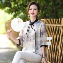 Summer new large size womens chiffon Chinese style new Chinese style misty and rainy temperament printed fashion shirt womens T-shirt