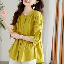 Spring new pure cotton shirt asymmetric commuting pleated white shirt womens three-quarter sleeve top