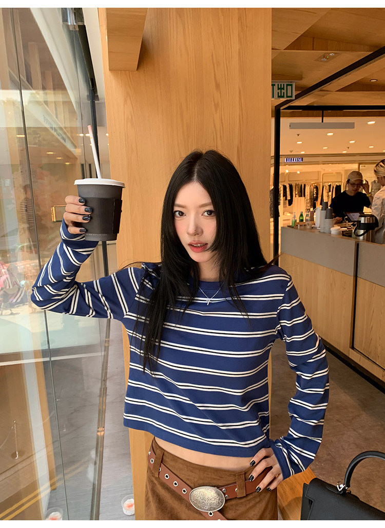 牙套大汪 【海魂2代】полосатая голова синяя осенняя новинка casual свободная стройнящая базовая футболка