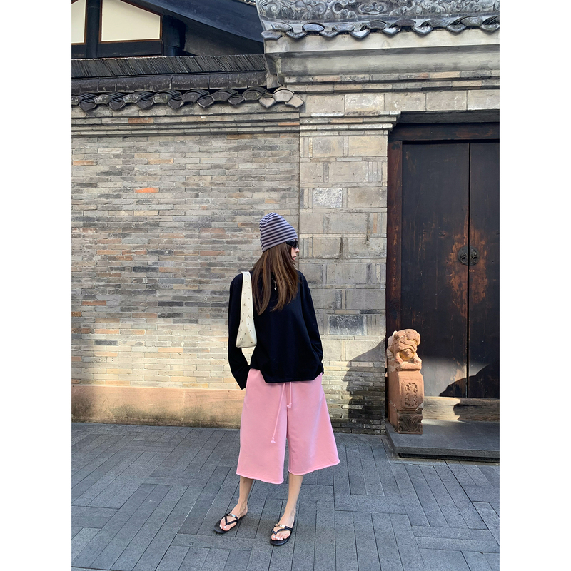 Braces-Style Big Dog [Summer Peach] Cropped Wide-Leg Pants with Rolled Hems, Drapey Casual Sweatpants, Loose Mid-Length Pants