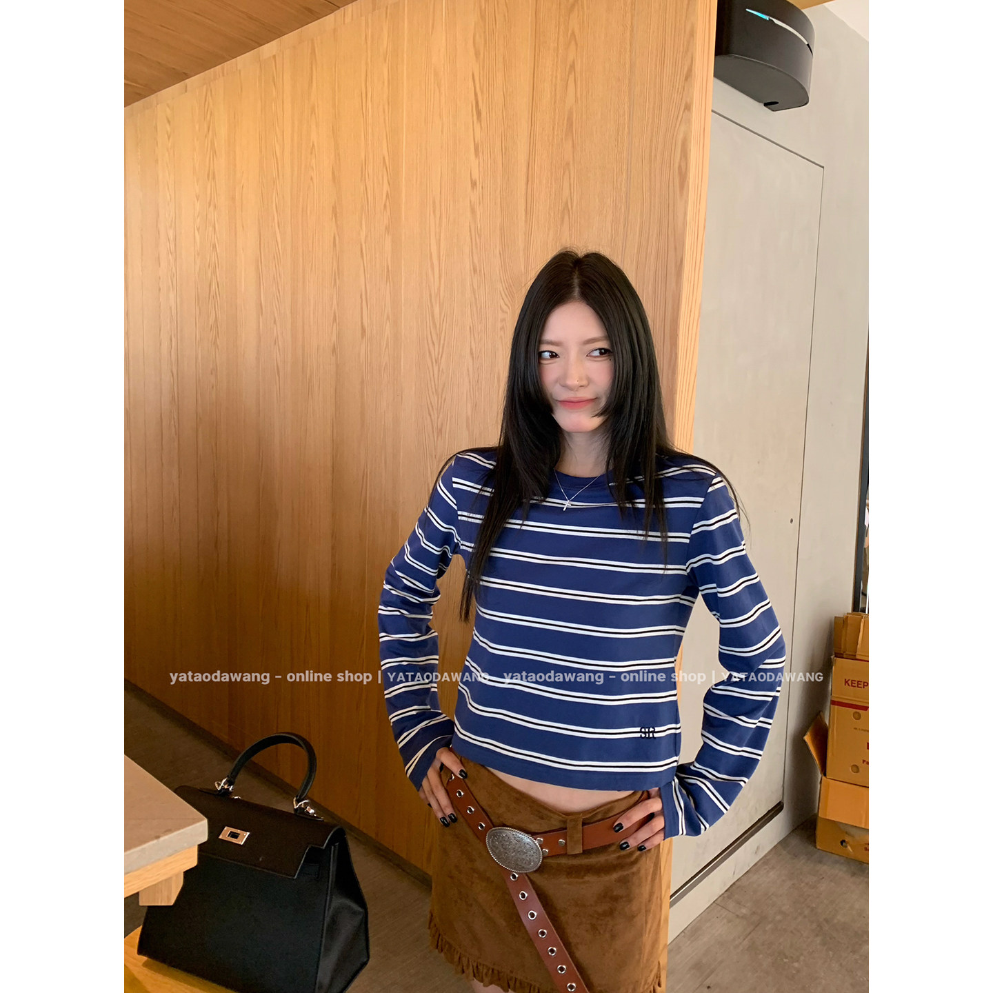 牙套大汪 【海魂2代】полосатая голова синяя осенняя новинка casual свободная стройнящая базовая футболка