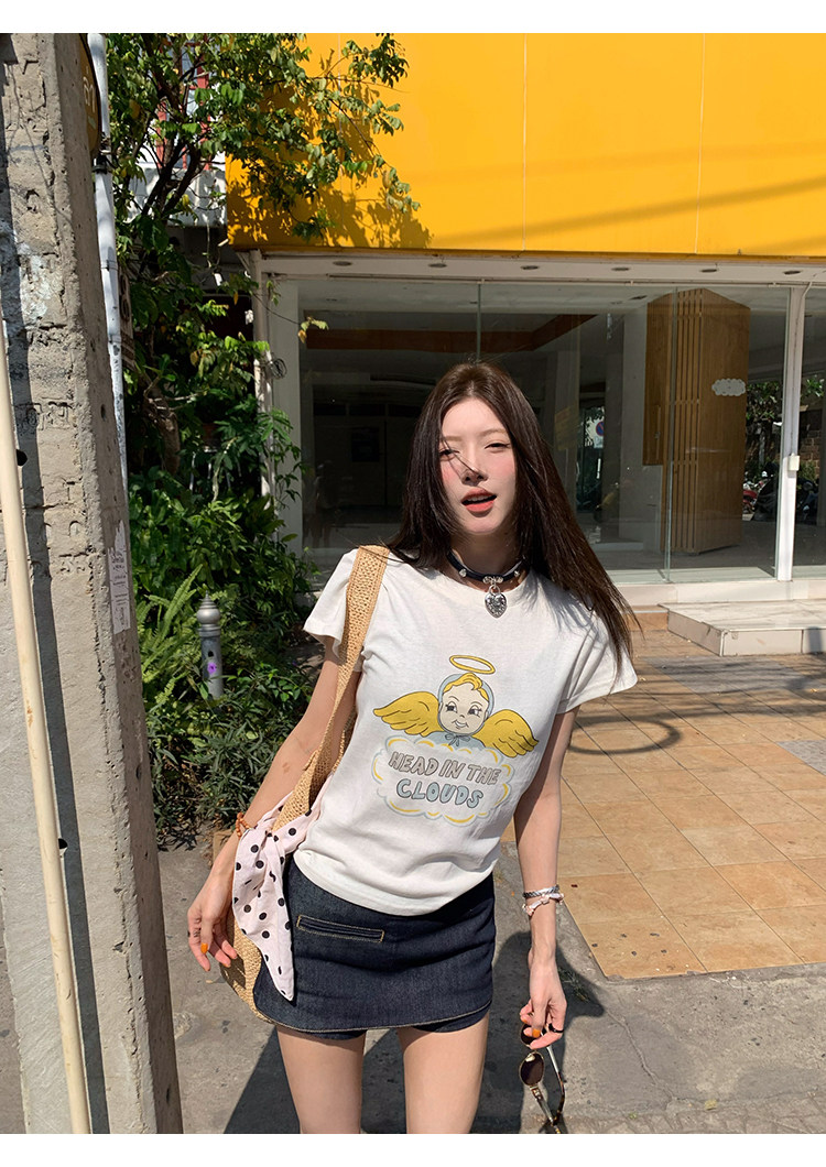 牙套大汪【天使贝贝】Американская ретро футболка с принтом ангелочка приталенного кроя с короткими рукавами