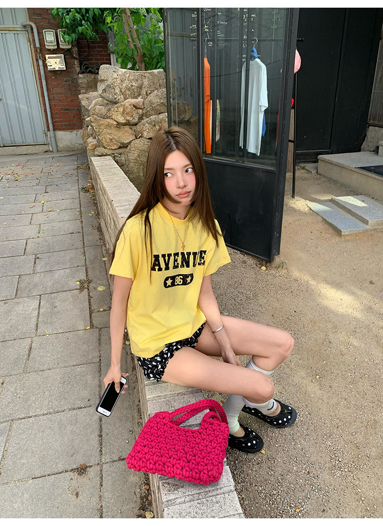 牙套大汪 Футболка с буквенным принтом, короткий рукав, 2 цвета