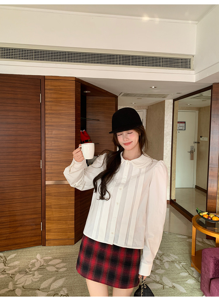 牙套大汪 【双轨女孩】 белая хлопковая рубашка с широкой планкой, складками и воротником-стойкой в школьном стиле