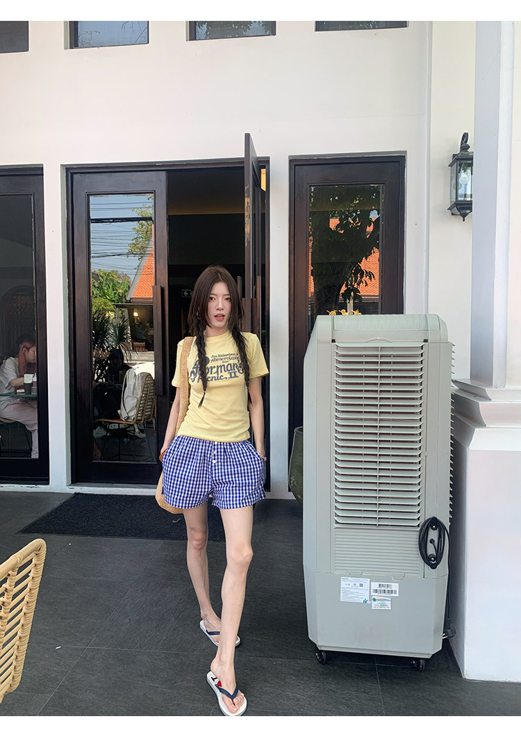 牙套大汪 корейские девичьи клетчатые повседневные шорты с эластичным поясом и пуговицами