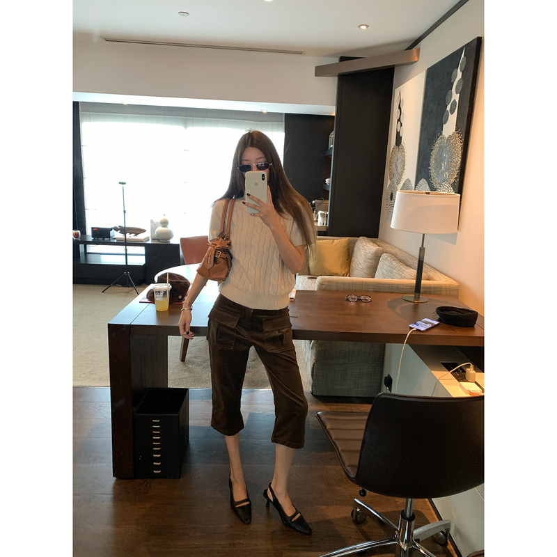 Braces Big Wang [Edinburgh Old Town] Corduroy Workwear Capri Pants with Three-Dimensional Pockets, Straight-Leg Casual Mid-Length Pants