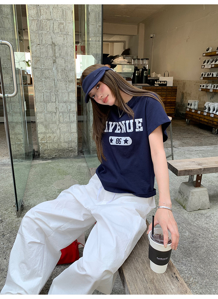 牙套大汪 Футболка с буквенным принтом, короткий рукав, 2 цвета