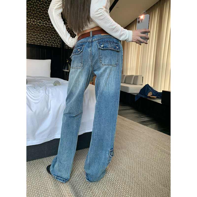 Braces-Style [Nostalgic Pioneer] Korean-Style Washed Workwear Denim Pants with Drapey Wide-Leg Loose Fit and Floor-Length