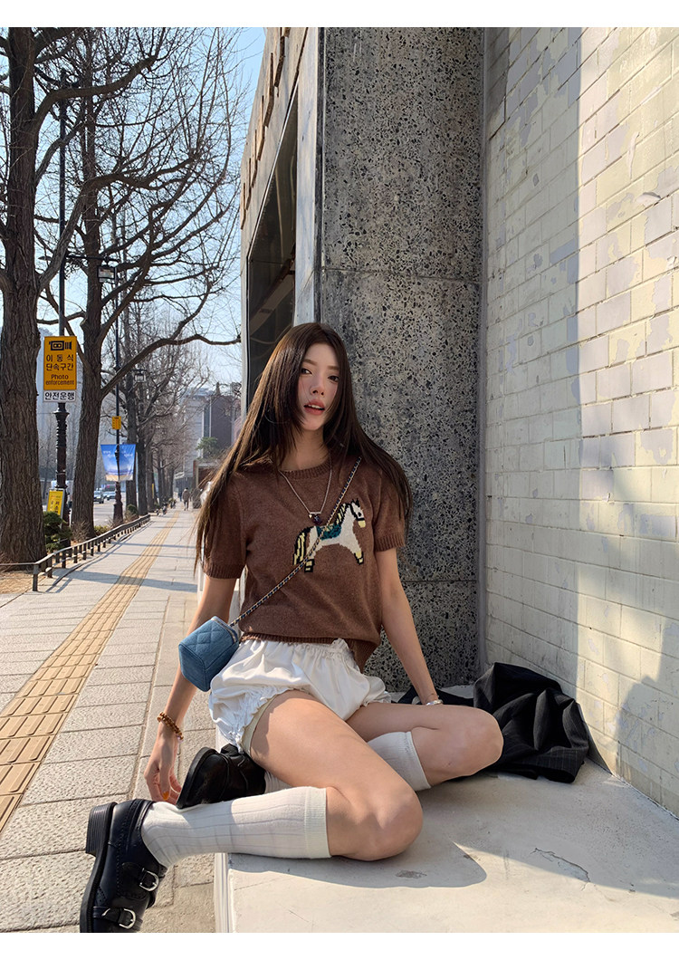 牙套大汪 【Мадридское детство】 Отличный состав! Двухцветный вязаный джемпер с короткими рукавами и жаккардовым узором пони