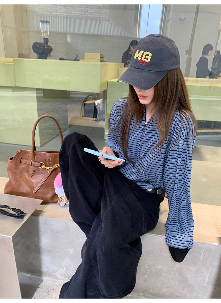 牙套大汪 【小蓝孩】Мягкая молочная толстовка с капюшоном и полосками на молнии