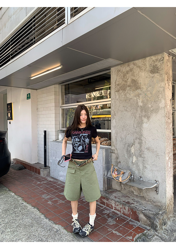 牙套大汪 【Ретро возвращение】 Американский ретро стиль рок контрастная печать прямые плечи приталенная футболка