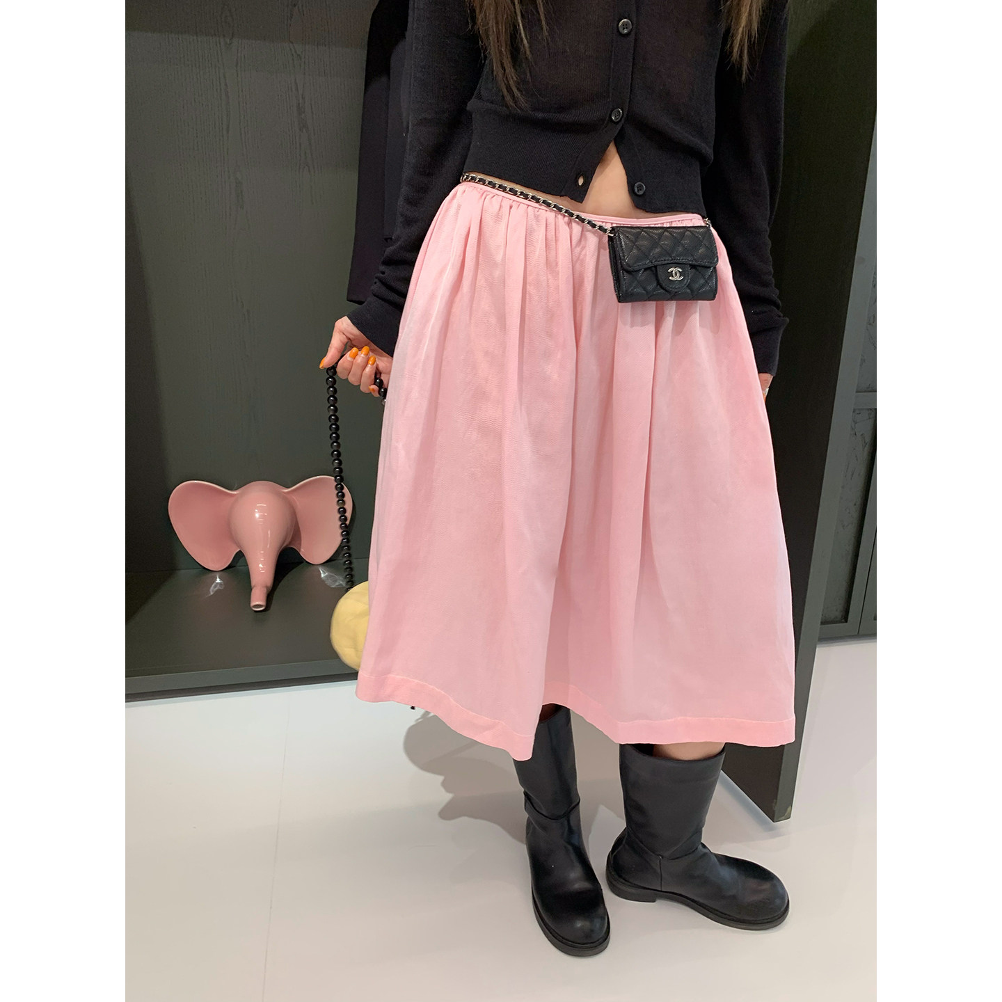 牙套大汪【粉桃芭乐】розовая атласная фактурная юбка-солнце со складками