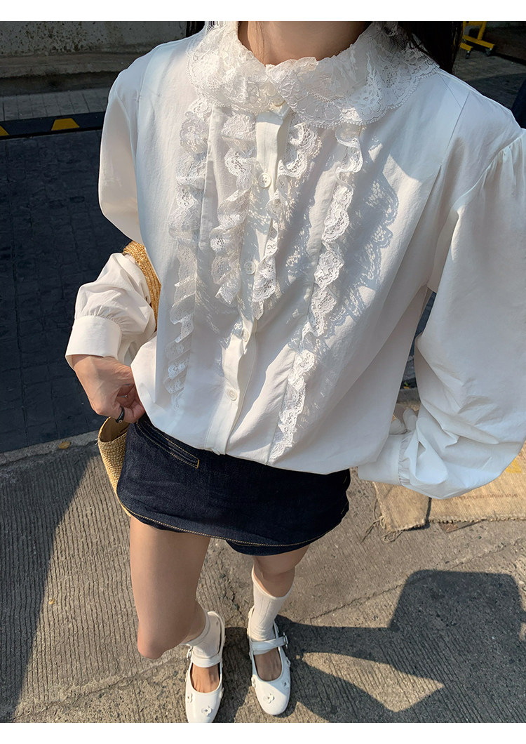 牙套大汪 【Французский белый лунный свет】 Винтажная рубашка с кружевным воротником и объемными рукавами в корейском стиле