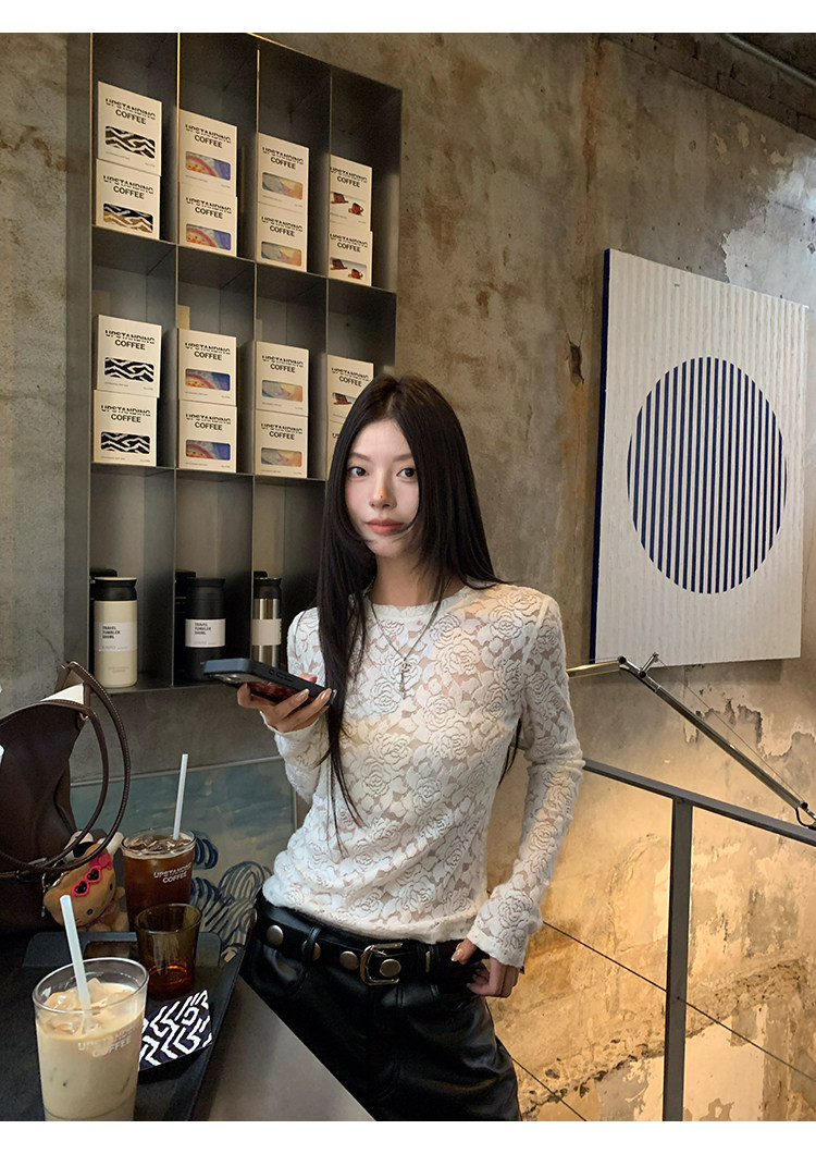 牙套大汪【岛屿花】Кружевная блузка с цветочным принтом женская базовая с длинным рукавом приталенная