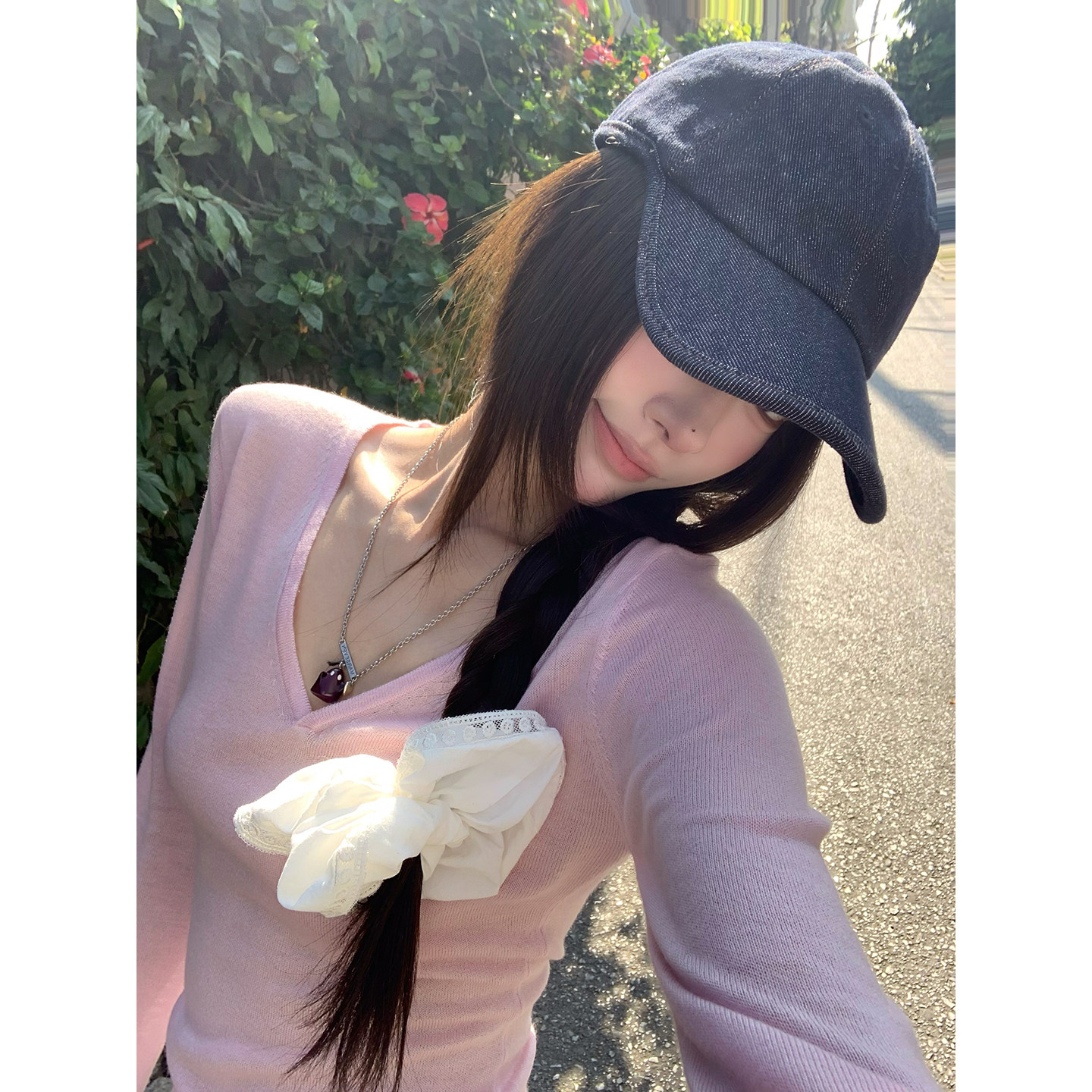 牙套大汪 【C位T】 полупрозрачная V-образный вырез приталенная стройнящая длинный рукав вязаная футболка