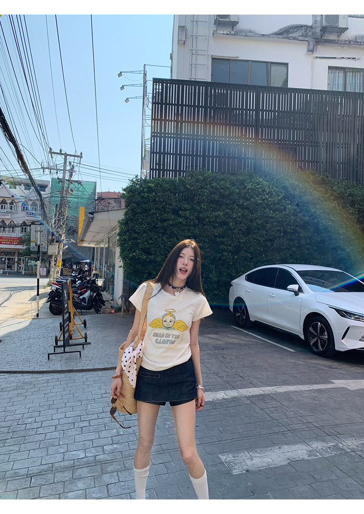 牙套大汪【天使贝贝】Американская ретро футболка с принтом ангелочка приталенного кроя с короткими рукавами