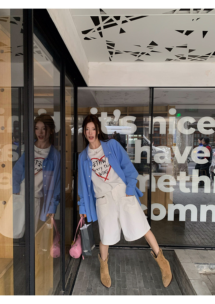 牙套大汪 【Сердечный ритм】 Свободная футболка с круглым вырезом и уникальным принтом в виде букв и сердечек