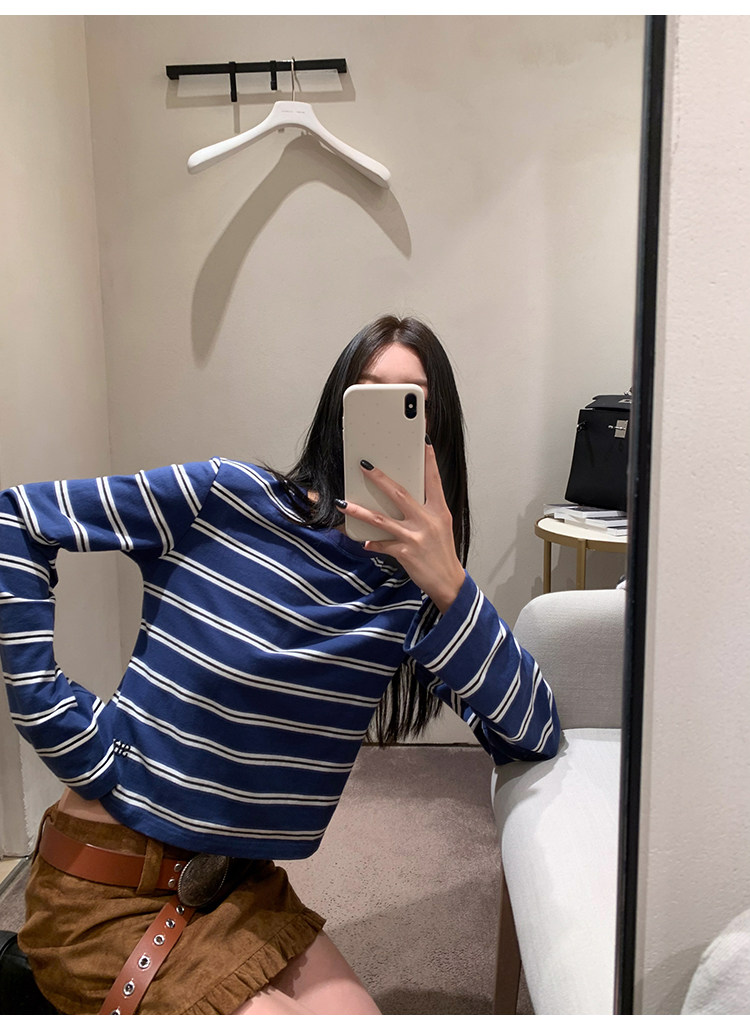 牙套大汪 【海魂2代】полосатая голова синяя осенняя новинка casual свободная стройнящая базовая футболка