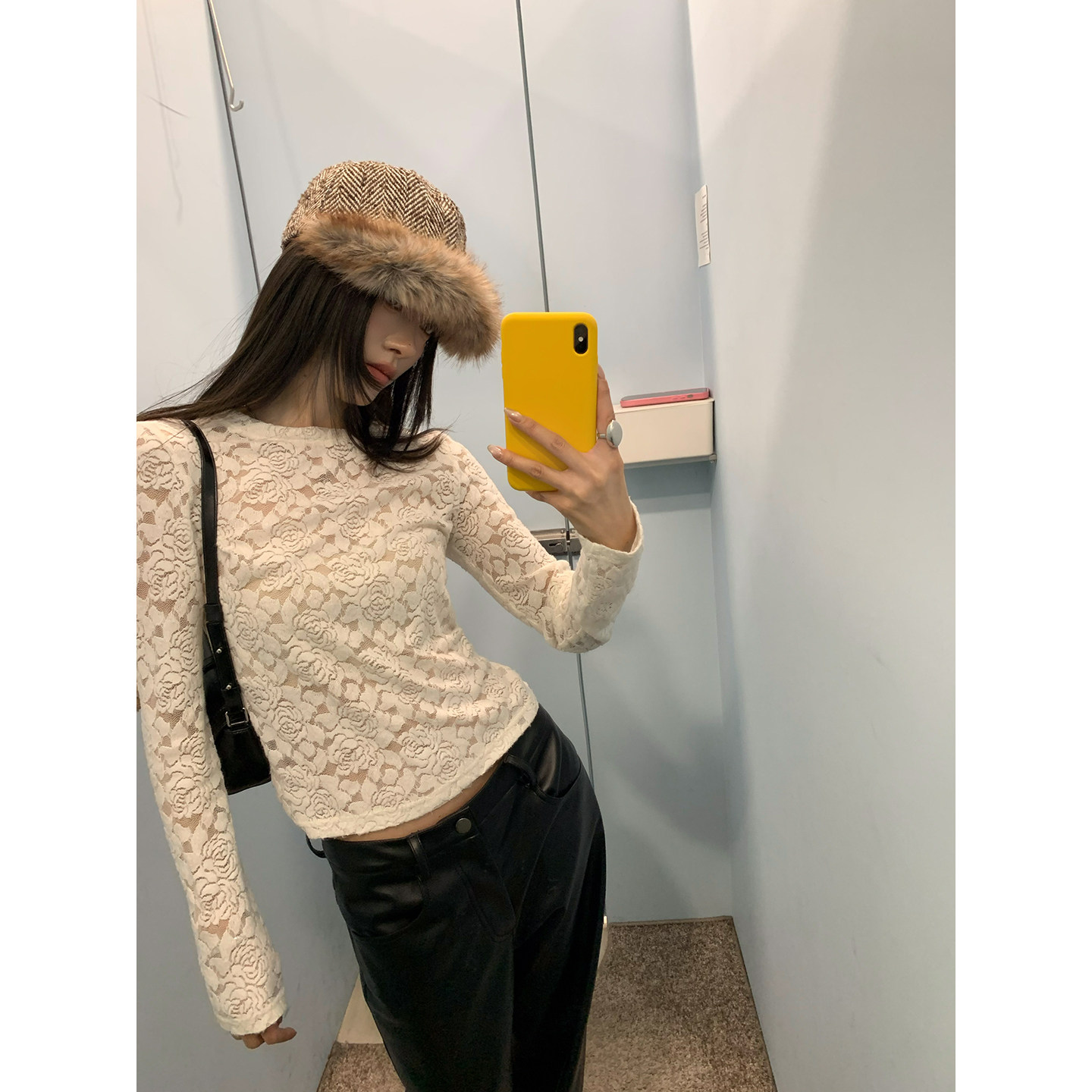 牙套大汪【岛屿花】Кружевная блузка с цветочным принтом женская базовая с длинным рукавом приталенная