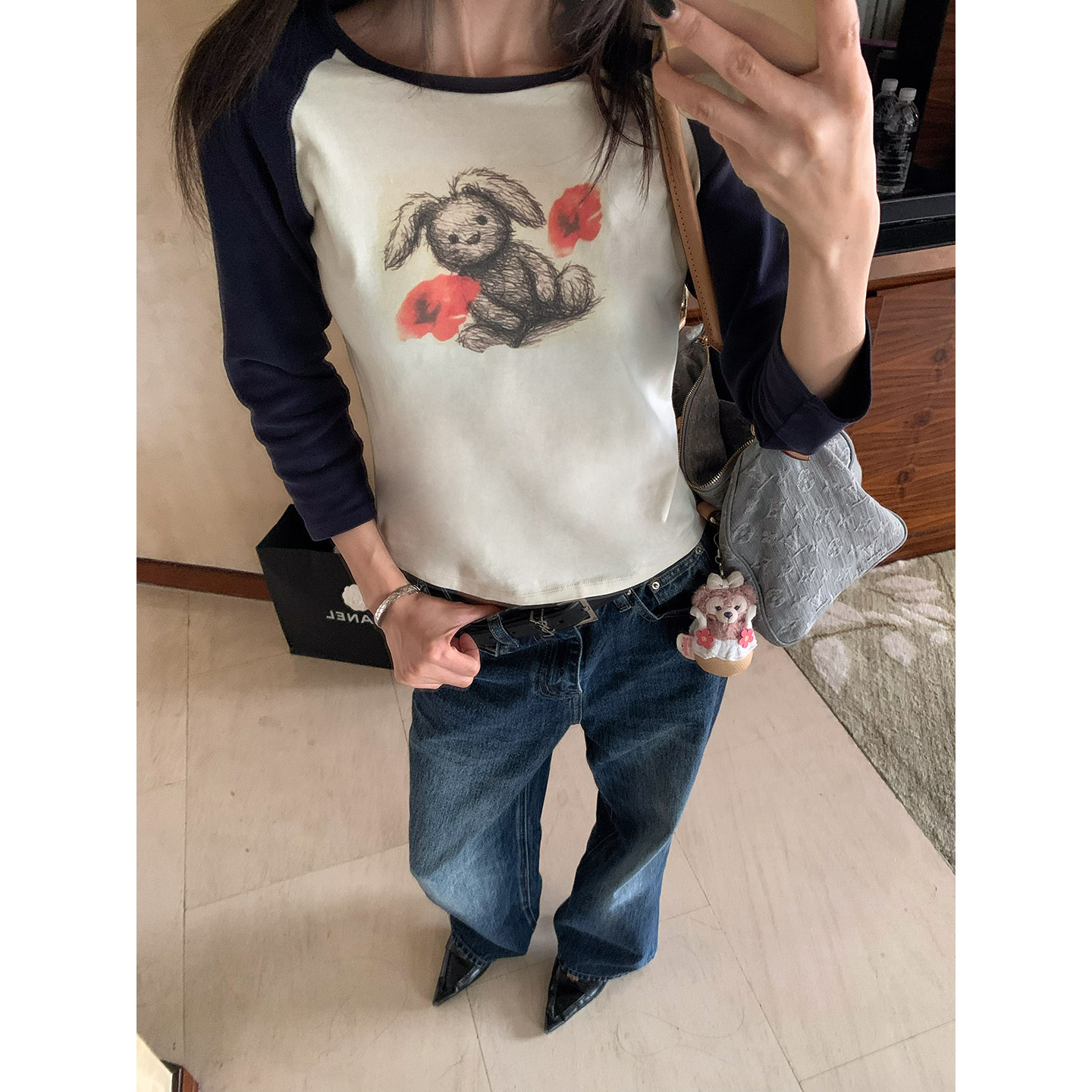 牙套大汪【潦草兔兔】удобная футболка с реглановыми рукавами и принтом кролика