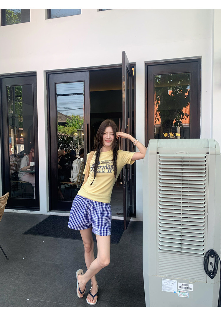 牙套大汪 корейские девичьи клетчатые повседневные шорты с эластичным поясом и пуговицами