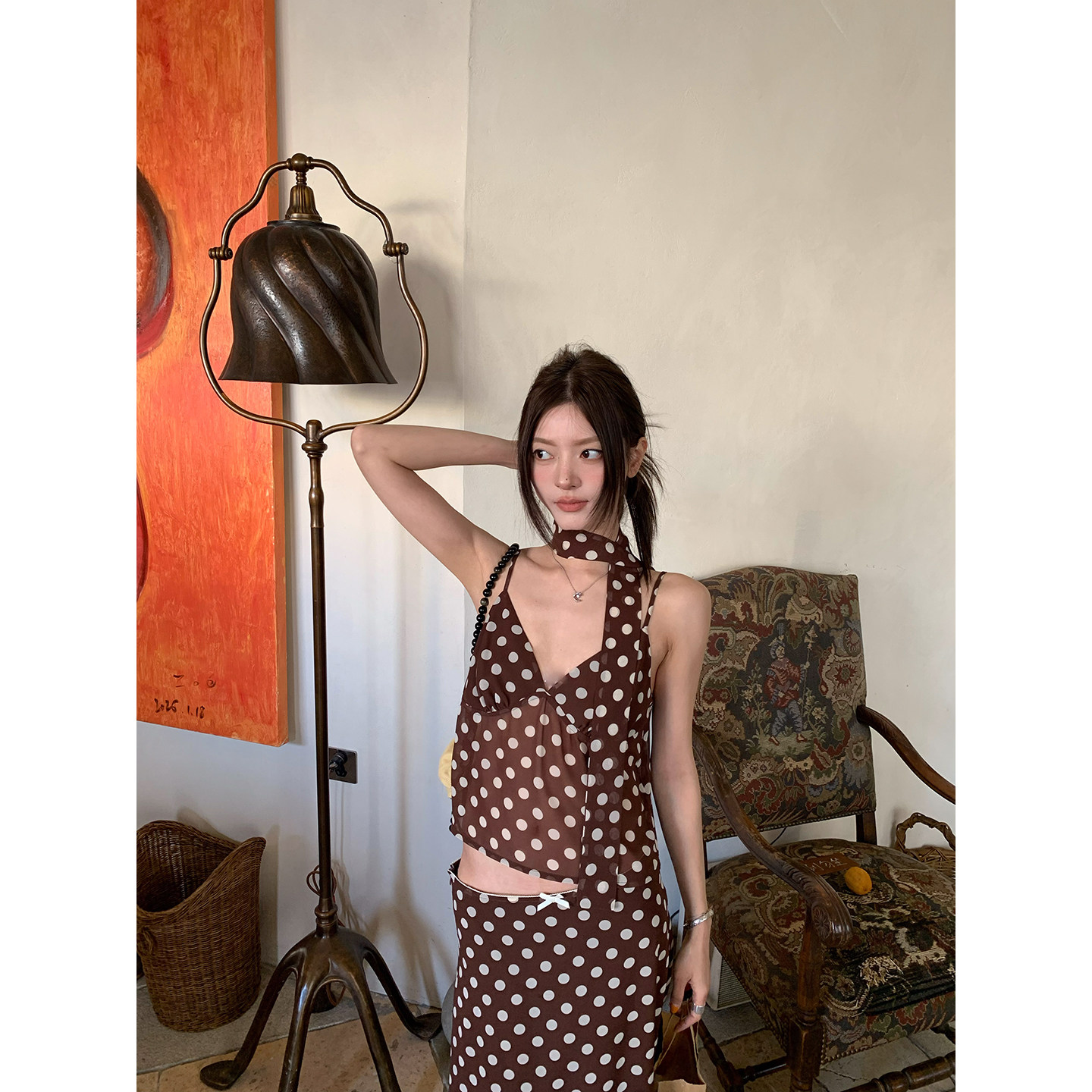 牙套大汪【邂逅西西里】Топ на бретельках с бантом + юбка с рыбьим хвостом в горошек с кружевной талией + ленты