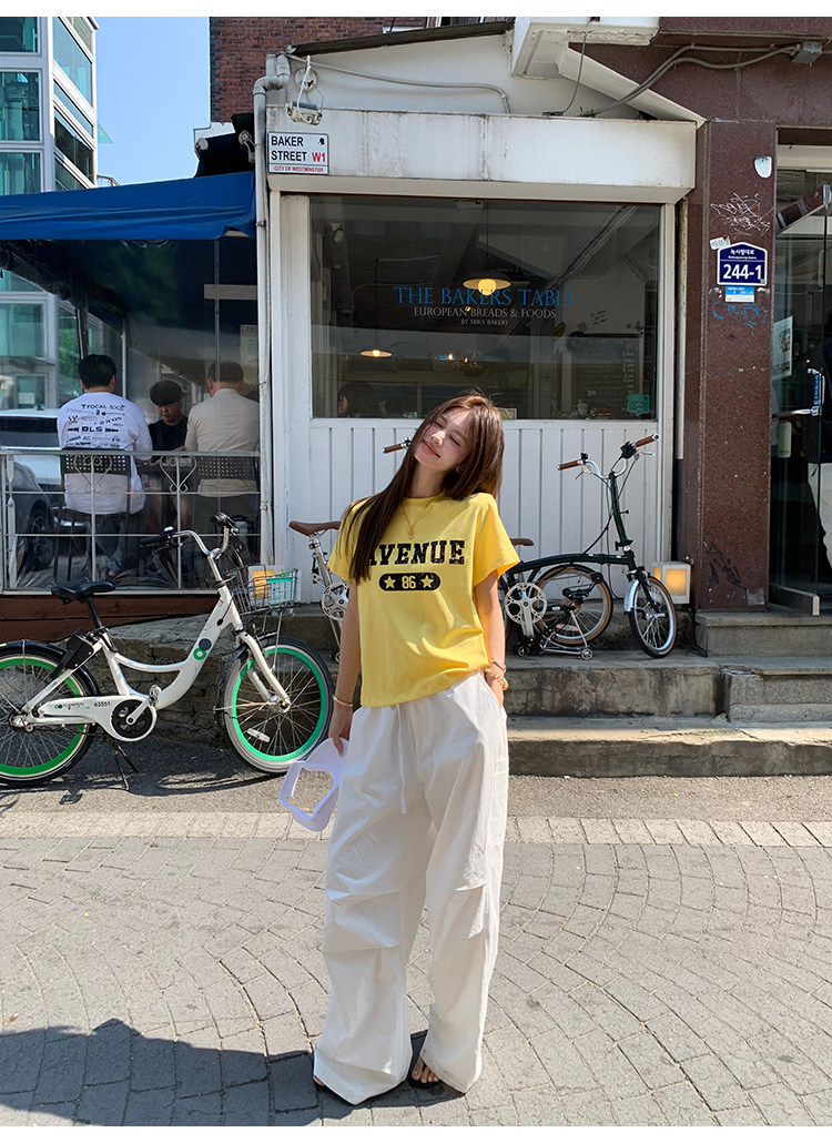 牙套大汪 Футболка с буквенным принтом, короткий рукав, 2 цвета