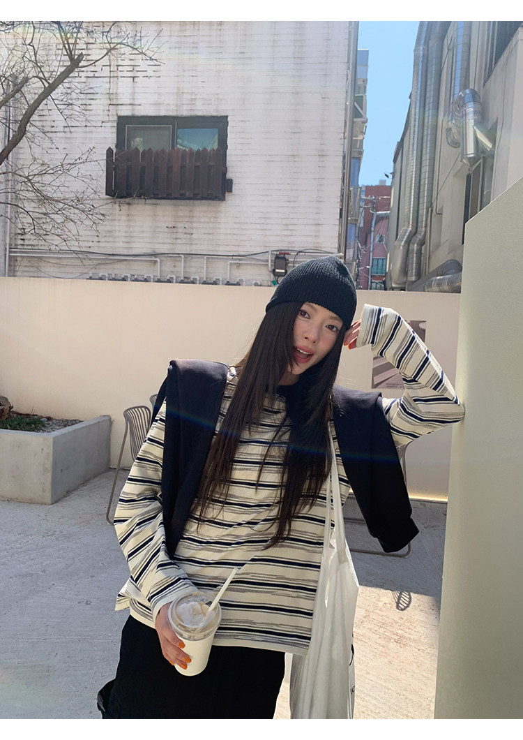 牙套大汪 [Девочка-эскиз] Футболка с длинными рукавами и круглым вырезом в неровную полоску