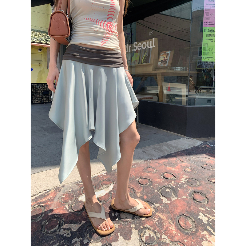 Braces-Style Big Dog [Haiji Diary] Satin Half Skirt, Double-Layered Pleated Waistband, Irregular Hem, Slimming Short Skirt